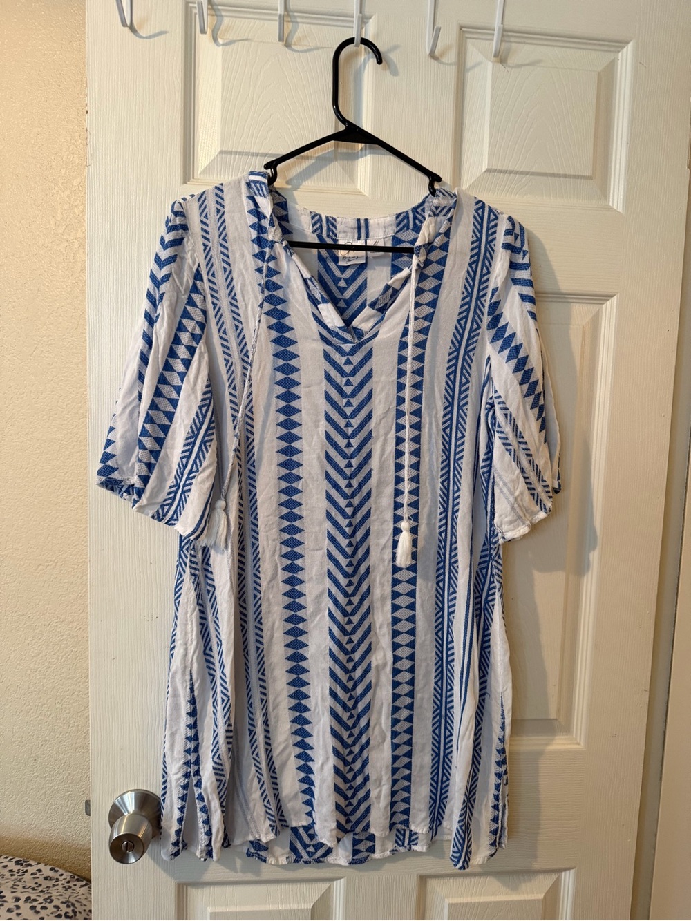 Blue & White Striped V-Neck Women's Swim Coverup with Tie